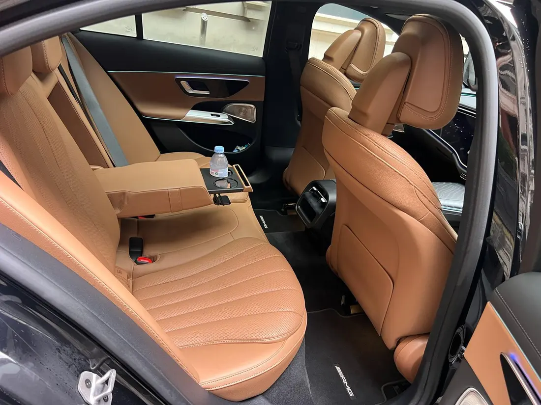 Tan leather rear seats with legroom inside the Mercedes S-Class